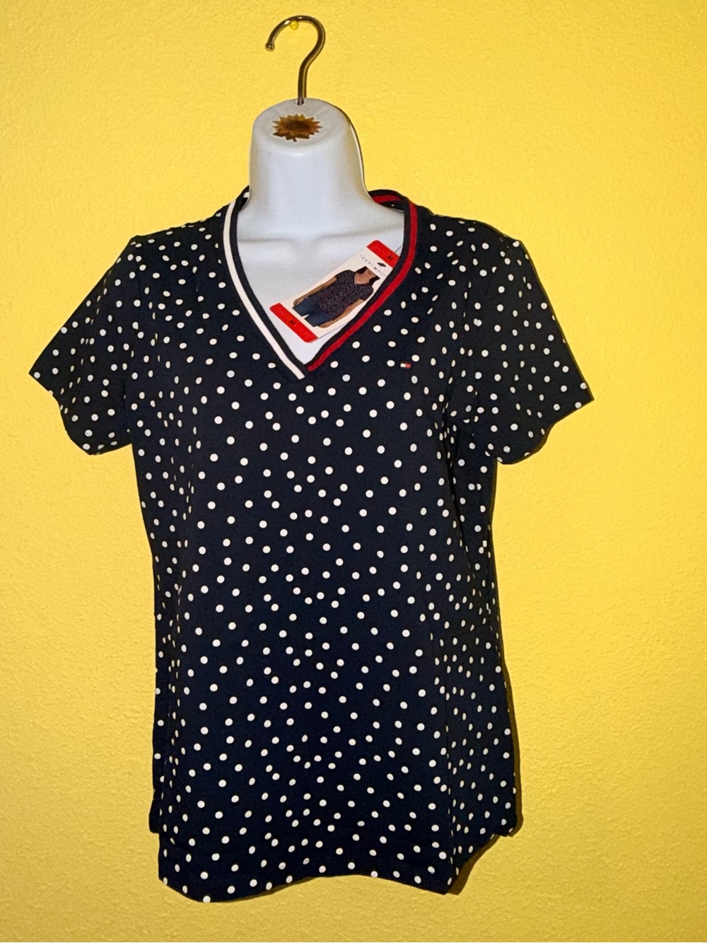 Tommy Hilfiger Navy and White Polka Dot V-Neck Short Sleeve Top